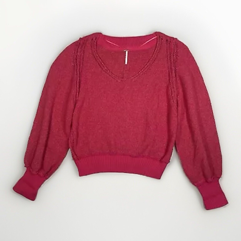 Free People Riptide Hot Pink V-Neck Pullover Boho Sweater Women's Large